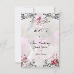 RSVP Reply Response Wedding Pink Rose Silver White