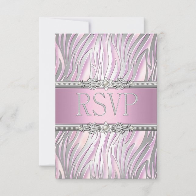 RSVP Reply Response Zebra Pink White Silver (Front)
