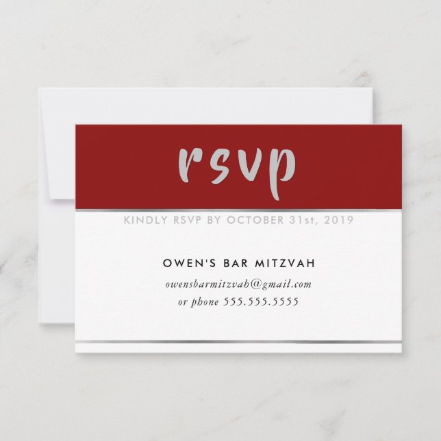 RSVP REPLY simple modern red burgundy silver Card (Front)