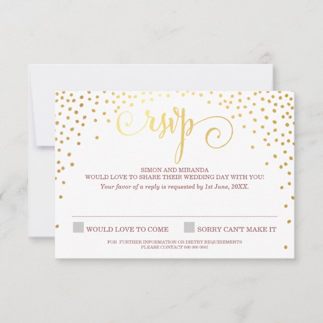 RSVP REPLY stylish cute mini gold confetti marsala (Front)
