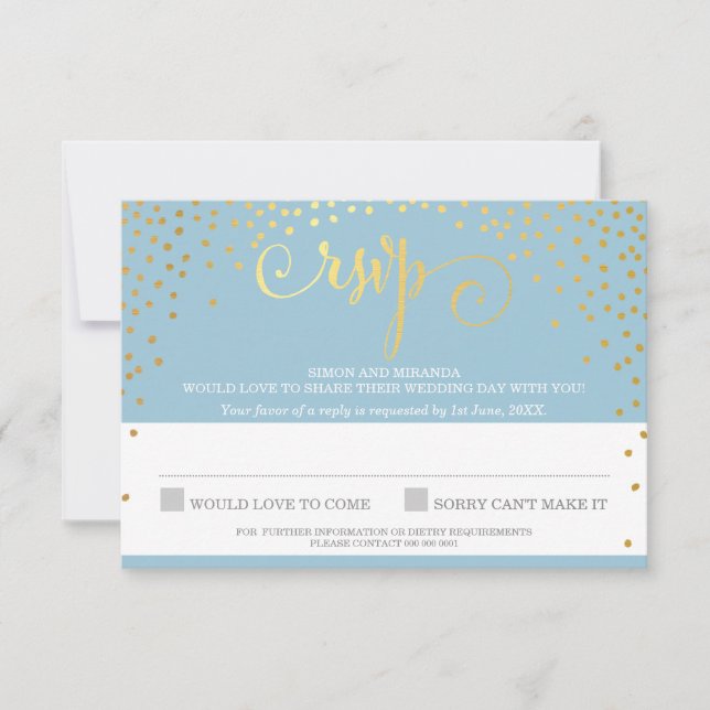RSVP REPLY stylish rustic mini gold confetti blue (Front)
