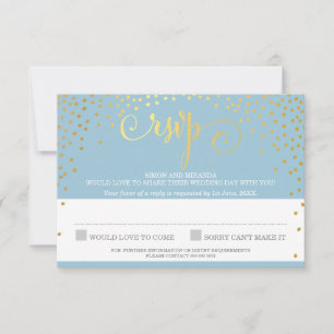 RSVP REPLY stylish rustic mini gold confetti blue Card