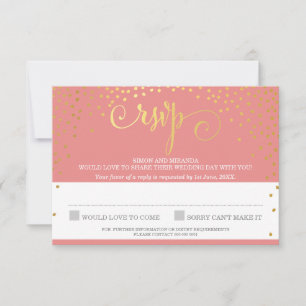 RSVP REPLY stylish rustic mini gold confetti coral Card