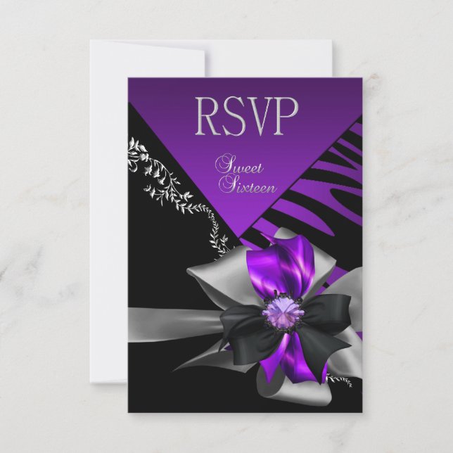 RSVP Reply Sweet 16 Zebra Purple Black Silver (Front)