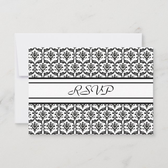 RSVP Response Card in Stylish Black & White Damask (Front)
