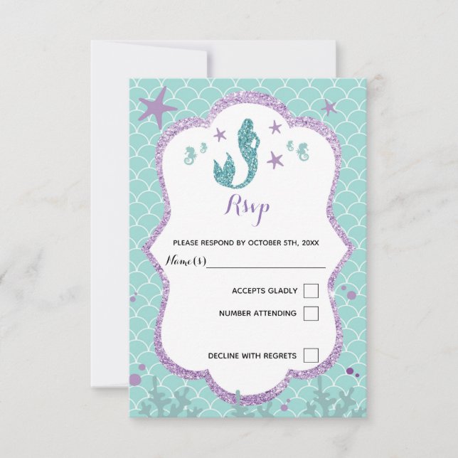 RSVP response card mermaid under sea purple teal (Front)