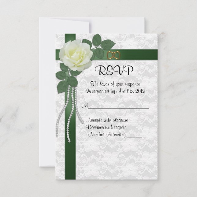 RSVP response card white rose green ribbons (Front)