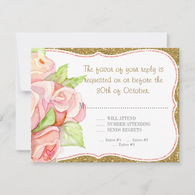 RSVP Response Menu Wedding Watercolor Rose Bouquet (Front)