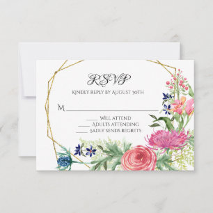 RSVP Response Watercolor Floral Blue Pink Ferns