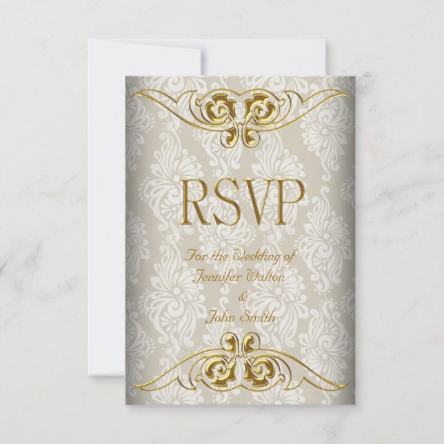 RSVP Response Wedding Beige Gold Damask (Front)