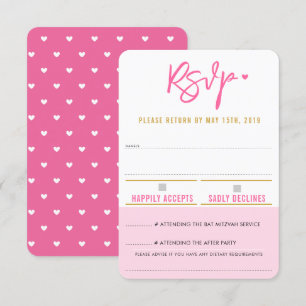 RSVP RETURN cute pretty pink white hearts gold Card