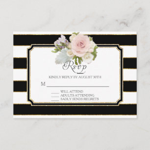 RSVP Rose Floral Modern Elegant Black White Stripe Card