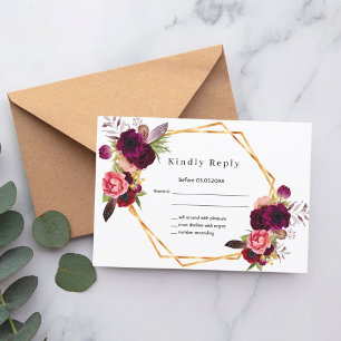 RSVP rose gold birthday flowers burgundy white Card