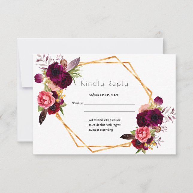 RSVP rose gold wedding flowers burgundy white Card (Front)