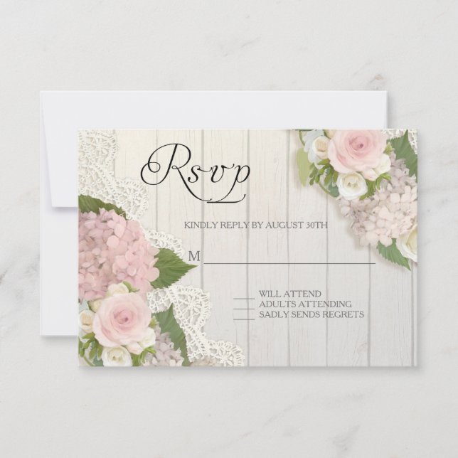 RSVP Roses Pink Hydrangea Lace Wooden Floral (Front)