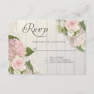 RSVP Roses Pink Hydrangea Lace Wooden Floral Card