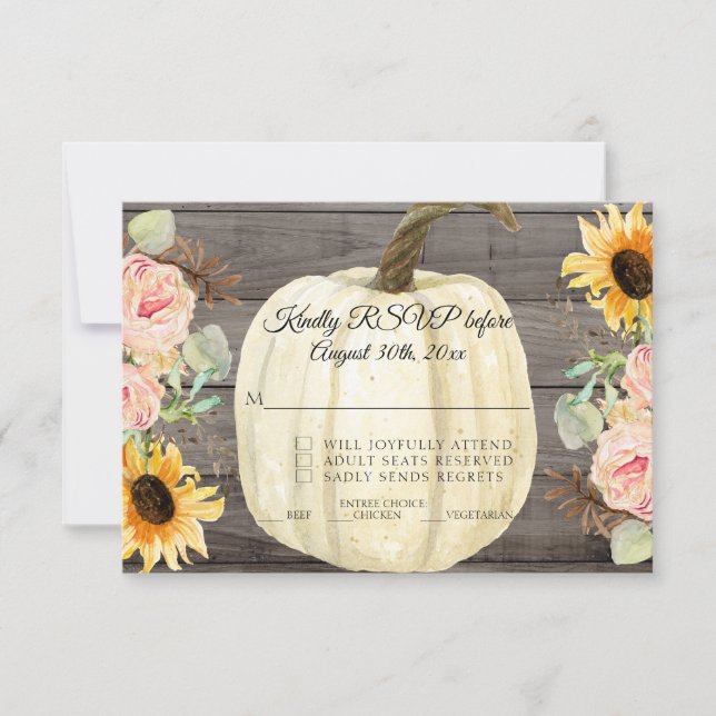 RSVP Rustic Sunflower n Floral Pumpkin Barn Wood Invitation (Front)