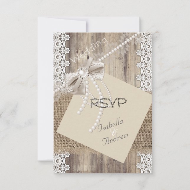 RSVP Rustic Wedding Beige Pearl Lace Wood Burlap 4 Card (Front)