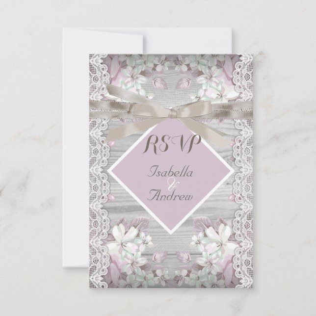 RSVP Rustic Wood Floral Wedding White Lace Pink (Front)
