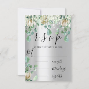 RSVP Silver Drips Wedding Mint Green Florals Card