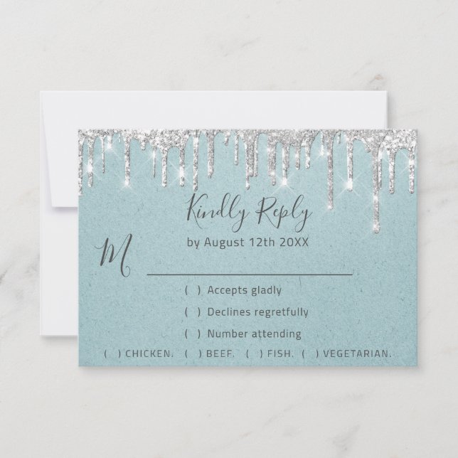 RSVP Silver Grey Drips Wedding Event Aqua Blue (Front)