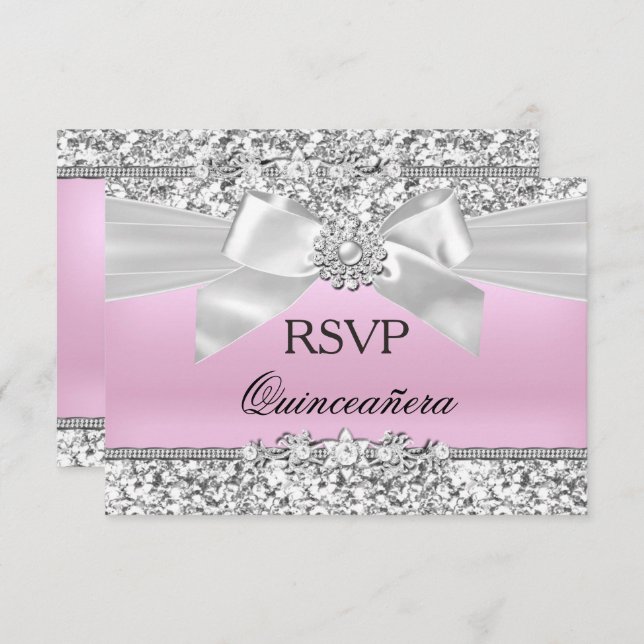 RSVP Silver Pink Glitter Jewel Bow Quinceanera Invitation (Front/Back)