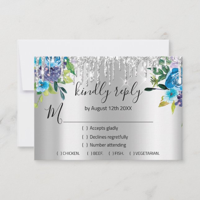 RSVP Silver Wedding Glitter Bridal Navy VIP Drips Card (Front)