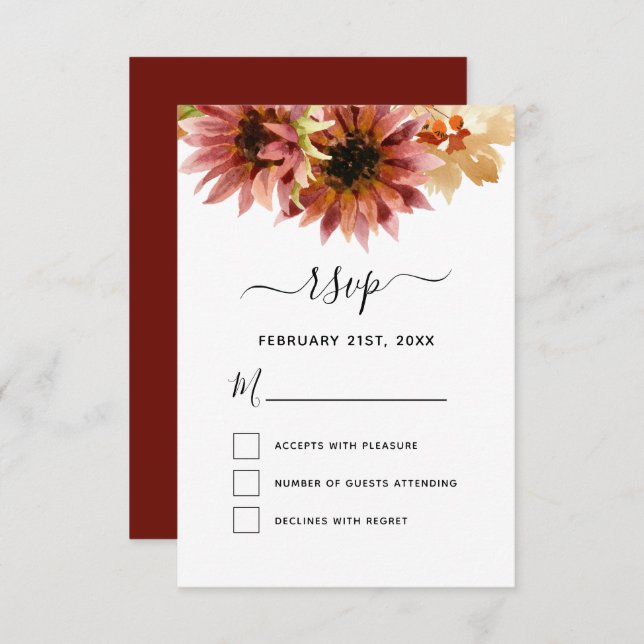 RSVP Sunflower Burgundy Country Wedding Invitation (Front/Back)