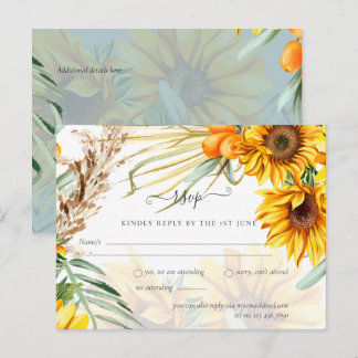 RSVP Sunflowers Pampas Grass Sage Wedding Postcard