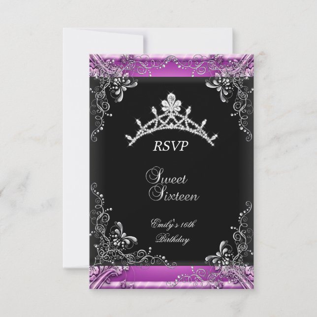 RSVP Sweet Sixteen 16 Birthday Party Pink Black Card (Front)