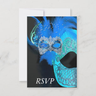 RSVP Teal Blue Black Masks Masquerade Ball Party Card