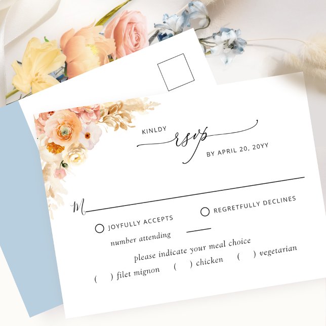 RSVP w/without Meals, Peach and Blue Postcard (Creator Uploaded)