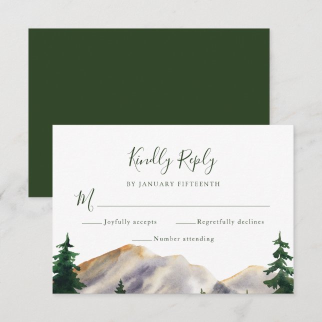 RSVP Watercolor Rustic Mountains Green Wedding  Card (Front/Back)