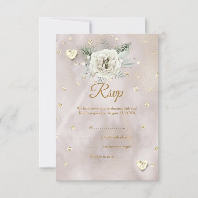 RSVP Wedding Beige Gold White Rose Hearts Glitter (Front)