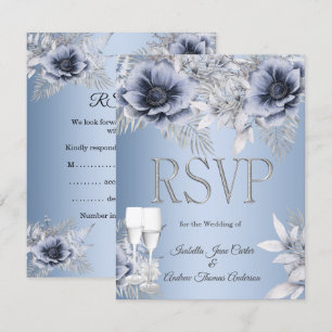RSVP Wedding Blue Silver Floral Bouquet Champagne Card