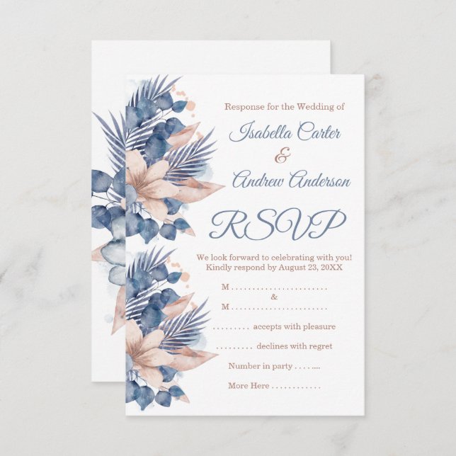 RSVP Wedding Blush Blue Peach Beige Floral White Invitation (Front/Back)