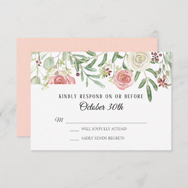 RSVP Wedding Blush Ivory Rose Foliage Leaf Leaves Invitation (Front/Back)