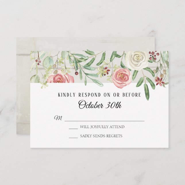 RSVP Wedding Blush Ivory Rose Rustic Wooden Plank Invitation (Front/Back)