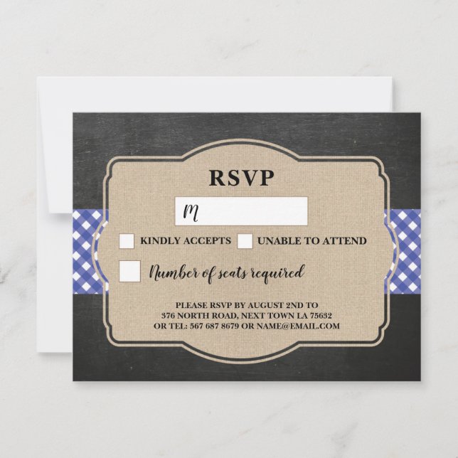 RSVP Wedding Card Blue Gingham BBQ Burlap (Front)