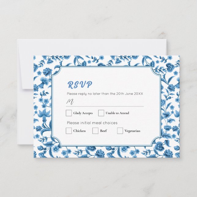 RSVP Wedding Chintz Blue & White Floral Ditsy Invitation (Front)