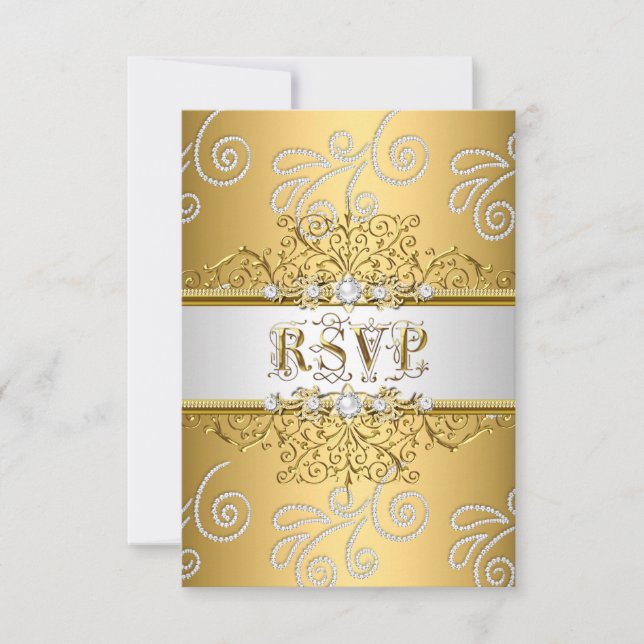 RSVP Wedding Elegant Gold Silver Lace Diamond Card (Front)