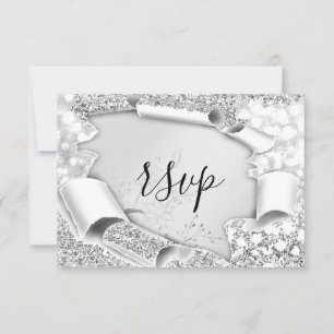 RSVP Wedding Glitter Bridal Grey Silver Flowers Card