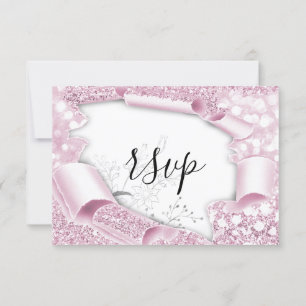 RSVP Wedding Glitter Bridal White Pink Florals  Card