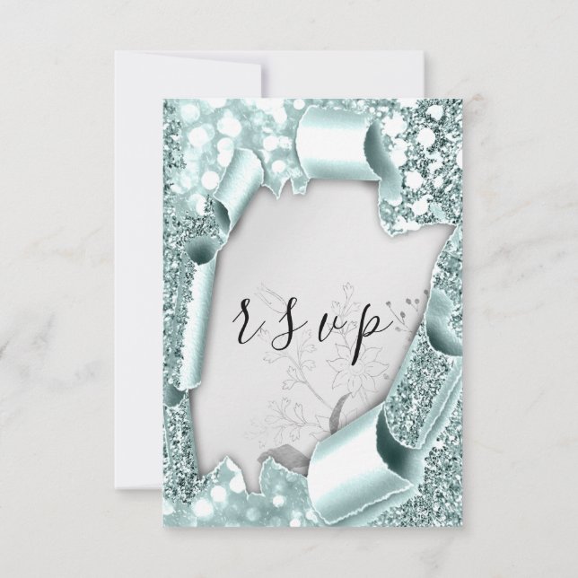 RSVP Wedding Glitter Florals Silver Aqua Blue Card (Back)