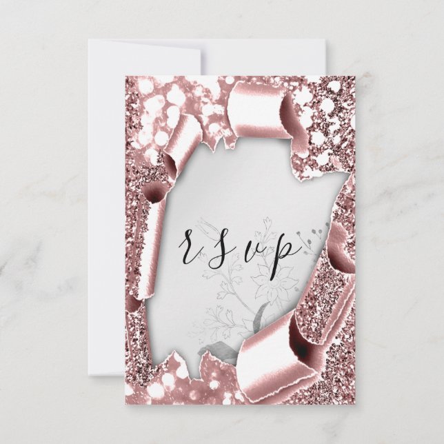 RSVP Wedding Glitter Florals Silver Rose Blush Card (Back)