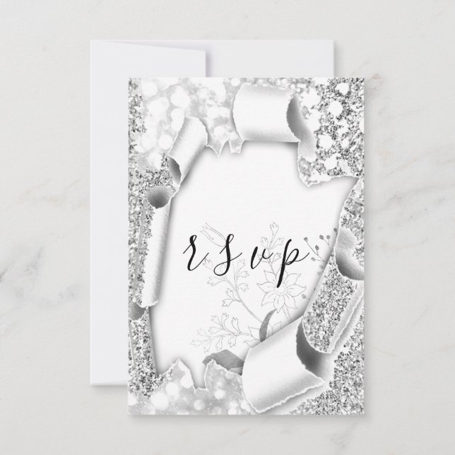 RSVP Wedding Glitter Frame Floral Silver Grey Card (Back)