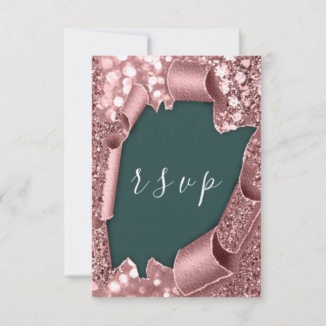RSVP Wedding Glitter Teal Frame Rose Card (Back)