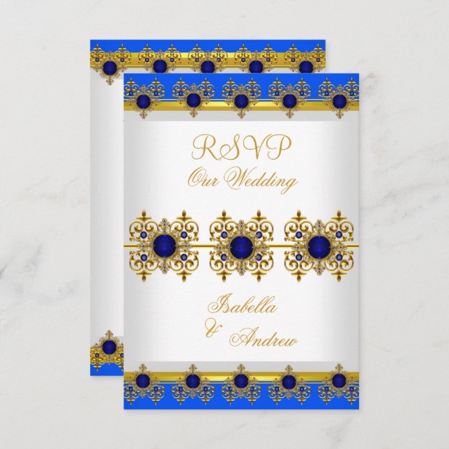 RSVP Wedding Gold Royal Blue Gem White Invitation (Front/Back)