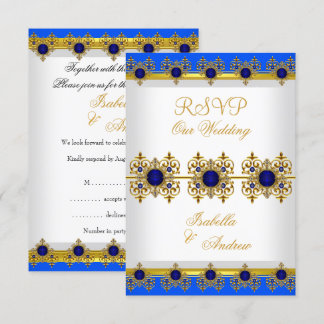 RSVP Wedding Gold Royal Blue Gem White Invitation