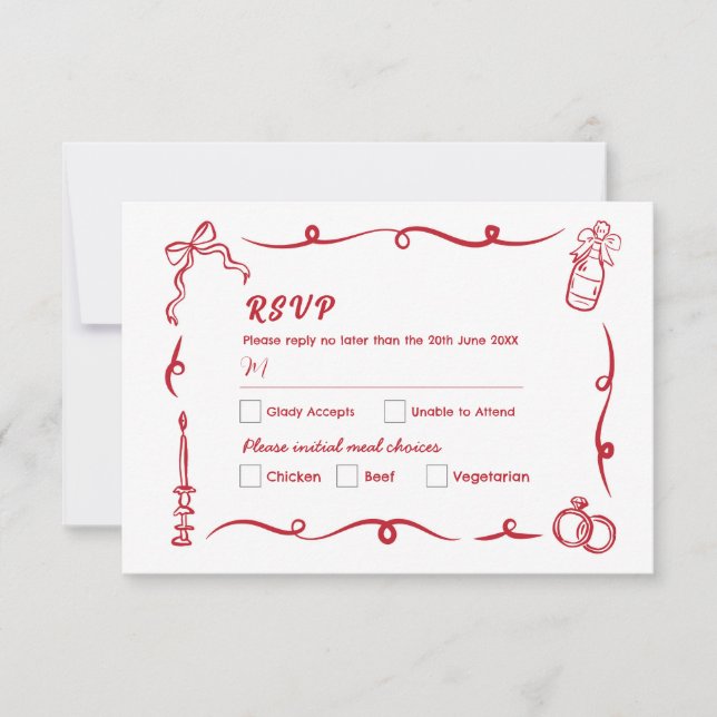 RSVP Wedding Hand Drawn Whimsical Red  Invitation (Front)